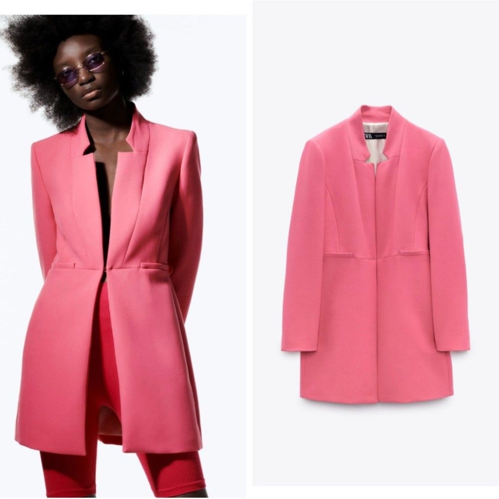ZARA WOMEN FITTED INVERTED LAPEL FROCK COAT LONG BLAZER PINK 2188/676.